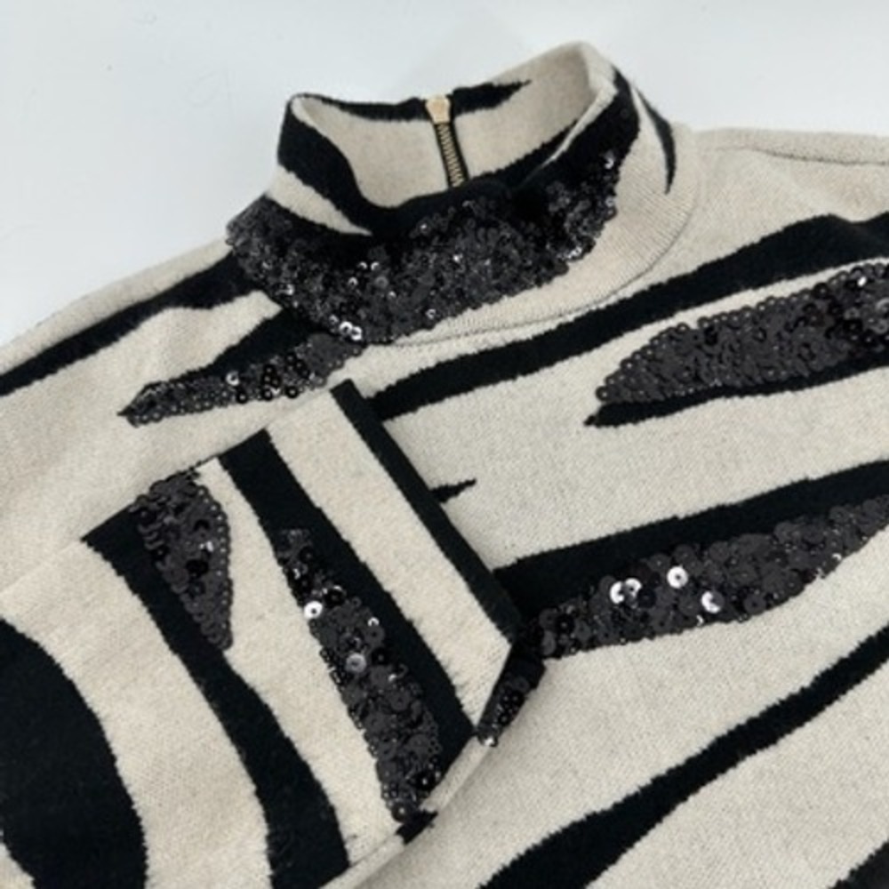 Chico's Size 0 Zebra Sequin Embellished Mock Neck‎ Knit Sweater, Animal Print